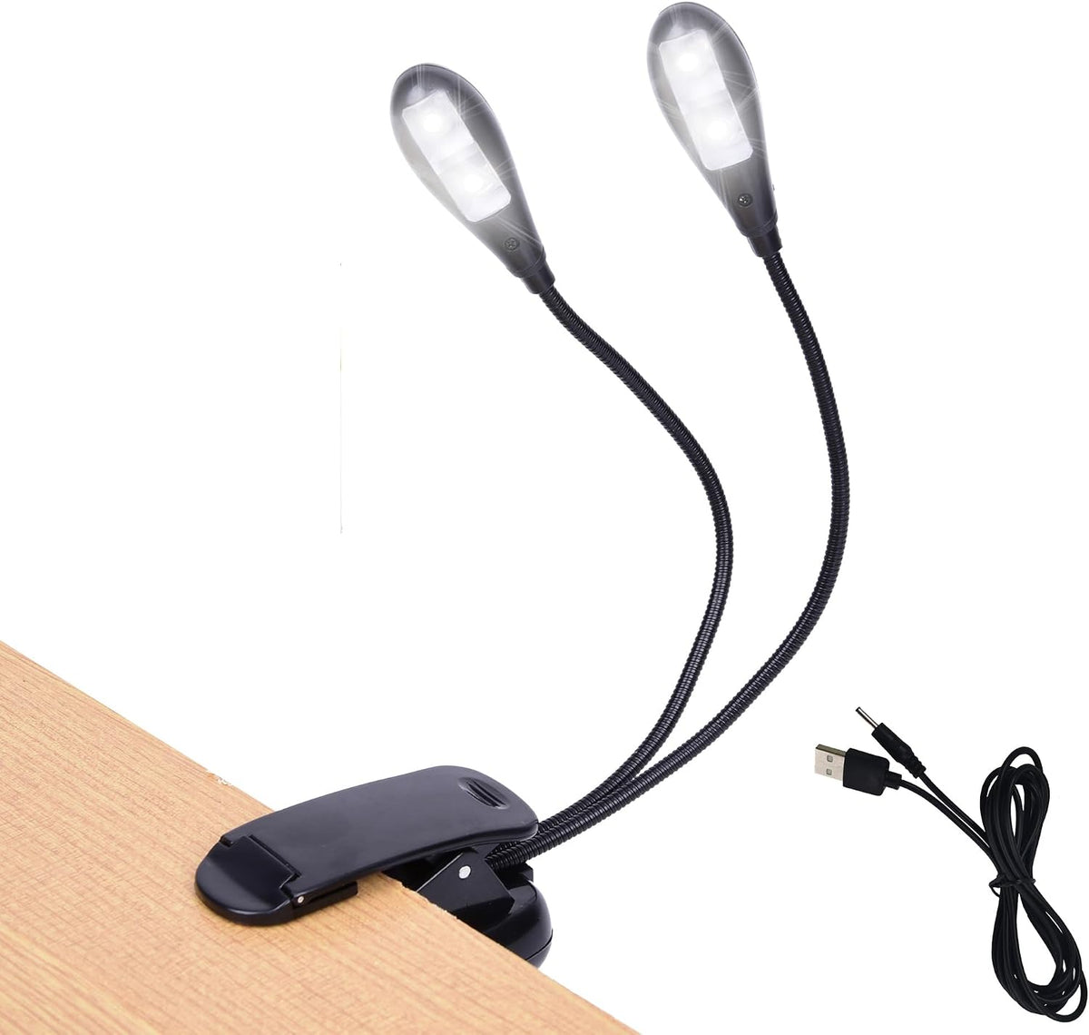 Music Stand Light, 1/2/4/ Clip on LED Book Lights, USB and AAA Battery Operated, Reading Lamp in Bed, 4 Brightness Levels, Ideal for Musician, Piano Player, Sheet Music, Travel (Dual Arm)