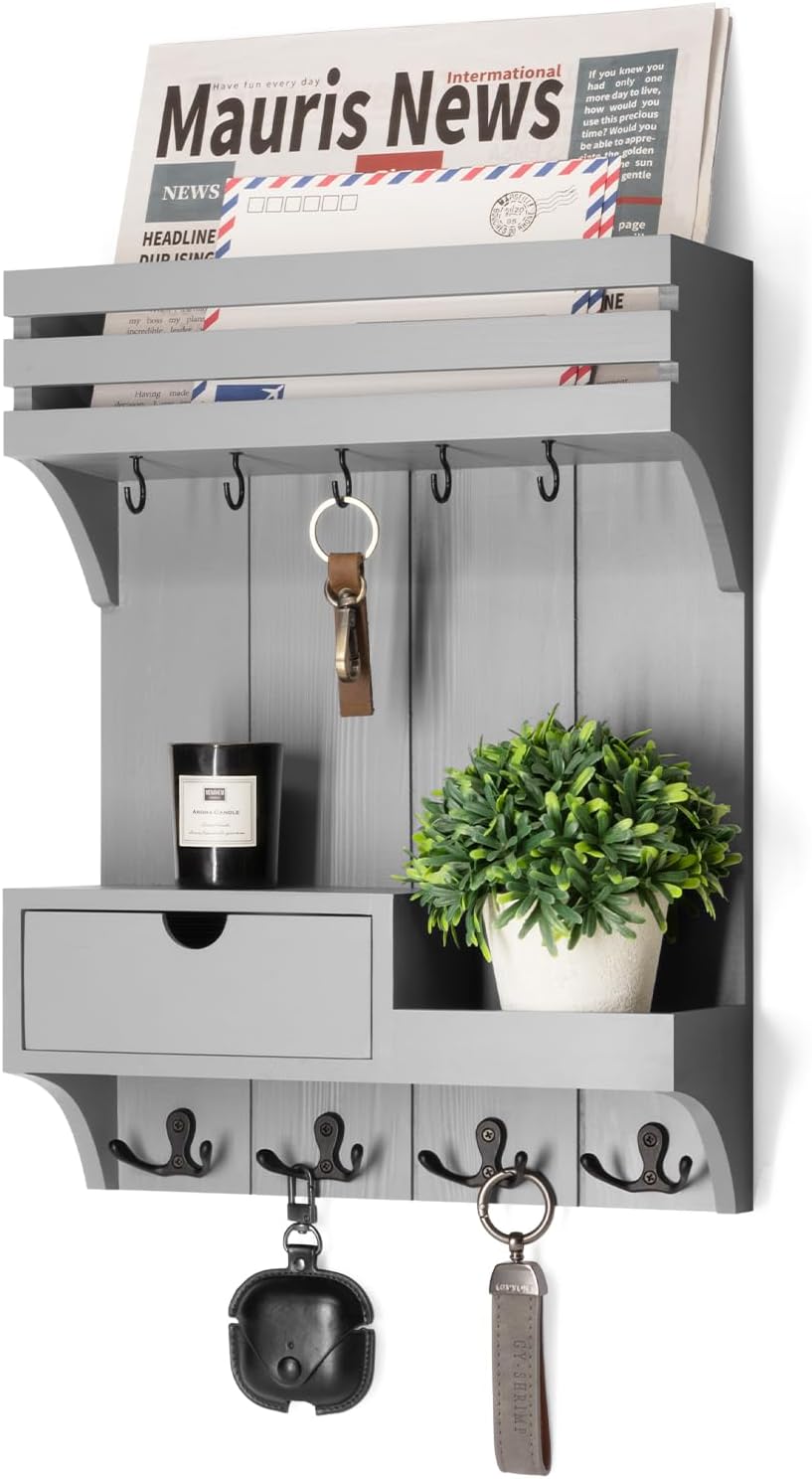 Rebee Vision Key Holder Wall Mount with Drawer Organizer for Entryway,Brown | Pine Wood, 6 Key Hooks, Display Shelf for Plants, Mail Slot for Storage Letter, Multi-Funtional Design, Home Storage