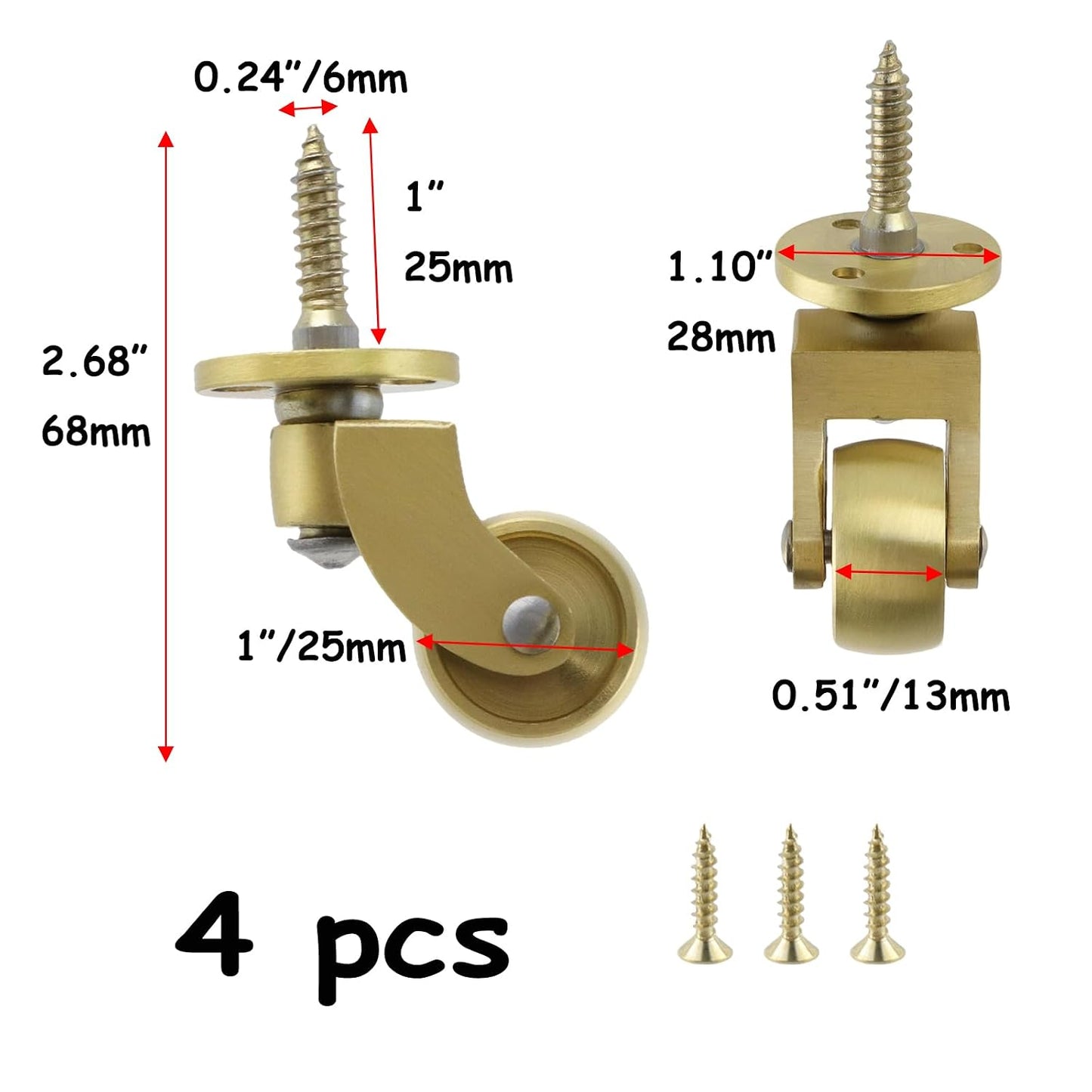 Semetall 4PCS Swivel Caster Wheels Square Cup Furniture Castors (Bronze) | 150kg Load Capacity, with Screws for Piano Feet, Sofa, Table, 1.02 Inch (26mm) Wheels
