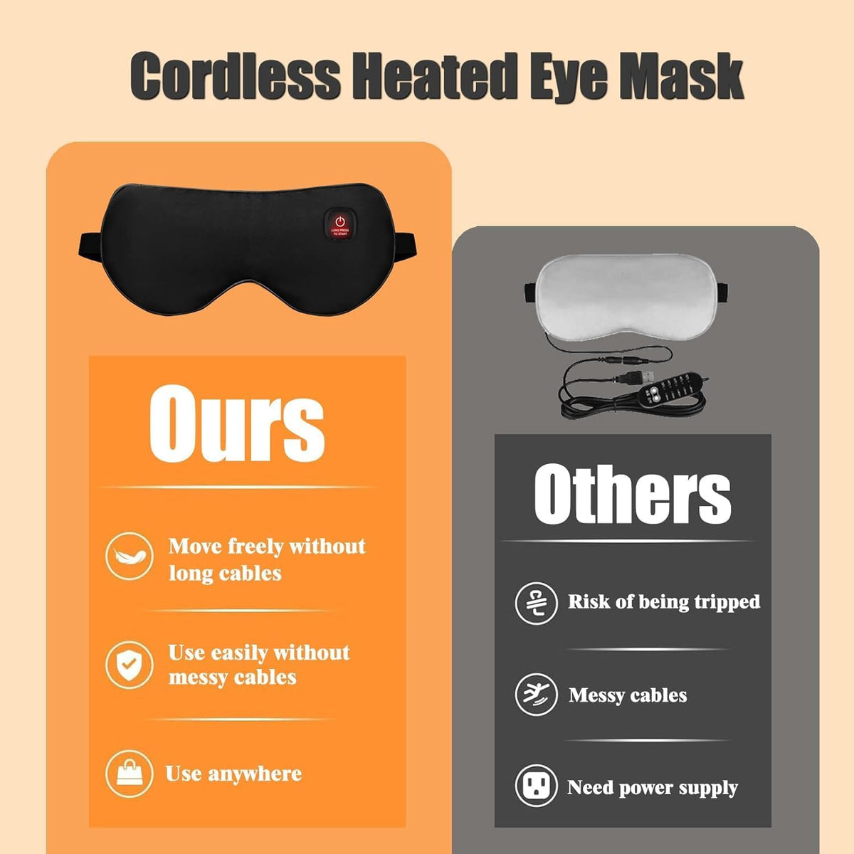 Silk Cordless Heated Eye Mask for Dry Eyes, Light Blocking Warm Eye Compress, Improved Sleep, with 3 Heat Settings, Washable Heating Pad for Migraine, Travel, Rechargeable, Men Women