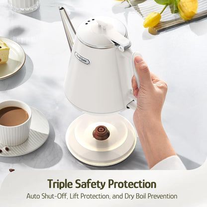 Hazel Quinn Electric Kettle, 1L/34oz Small Tea Kettle - Pearl White | 800W Fast Boil, 304 Stainless Steel Interior, Double-Wall Cool Touch, Gooseneck Spout, Auto Shut-Off, BPA-Free Cordless Home