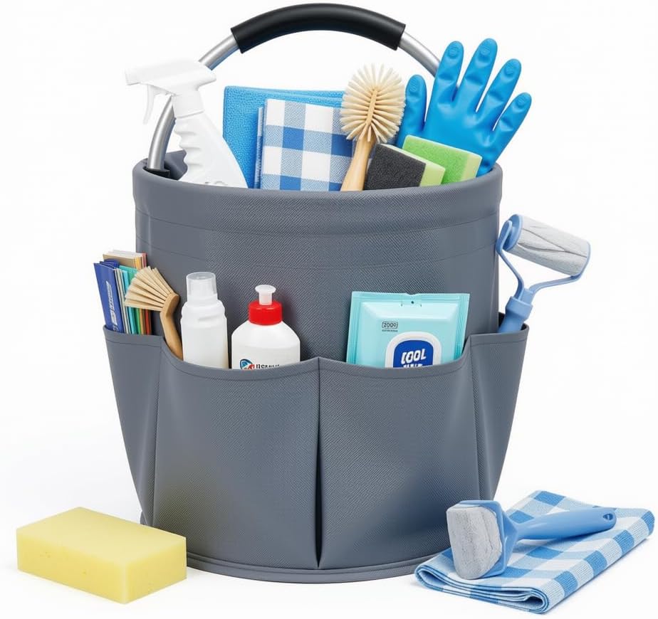 Cleaning Caddy with Handle, 17L Foldable Storage Basket, Heavy Duty 600D Oxford Cloth Organizer, Portable Supply Bag, Multi-Purpose Supplies Caddy for Home, Bathroom, Kitchen, Garden - Black