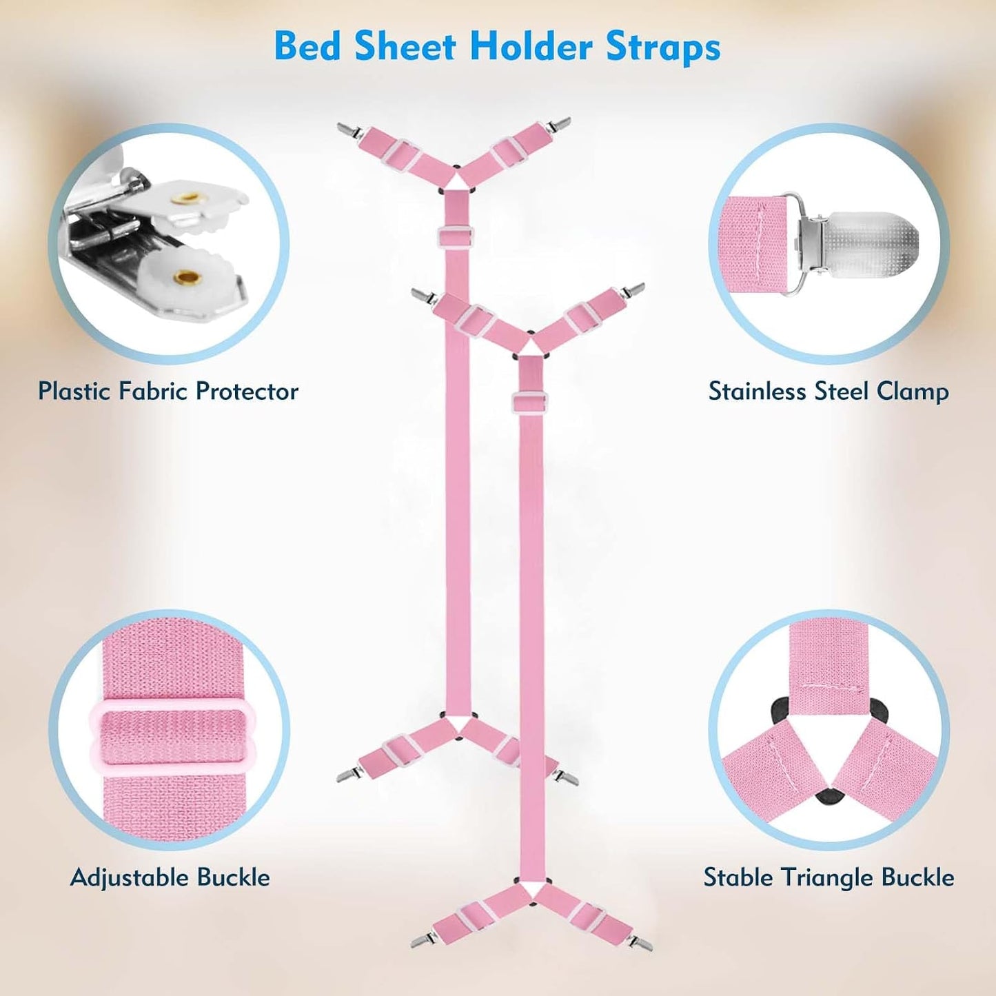 Bed Sheet Straps, 2Pcs Elastic Adjustable Bed Sheet Holder Straps, Fitted Sheet Straps to Hold Sheets in Place with Metal Clips, Sheet Holders for Mattress Cover, Sheet, Sofa Cushion (Black)