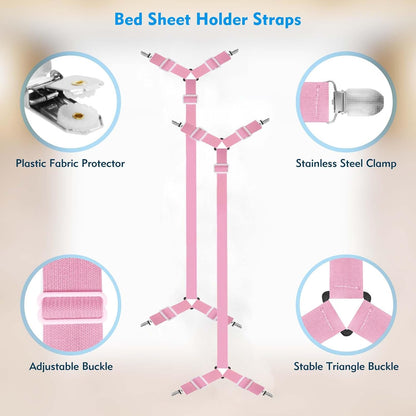 Bed Sheet Straps, 2Pcs Elastic Adjustable Bed Sheet Holder Straps, Fitted Sheet Straps to Hold Sheets in Place with Metal Clips, Sheet Holders for Mattress Cover, Sheet, Sofa Cushion (Black)