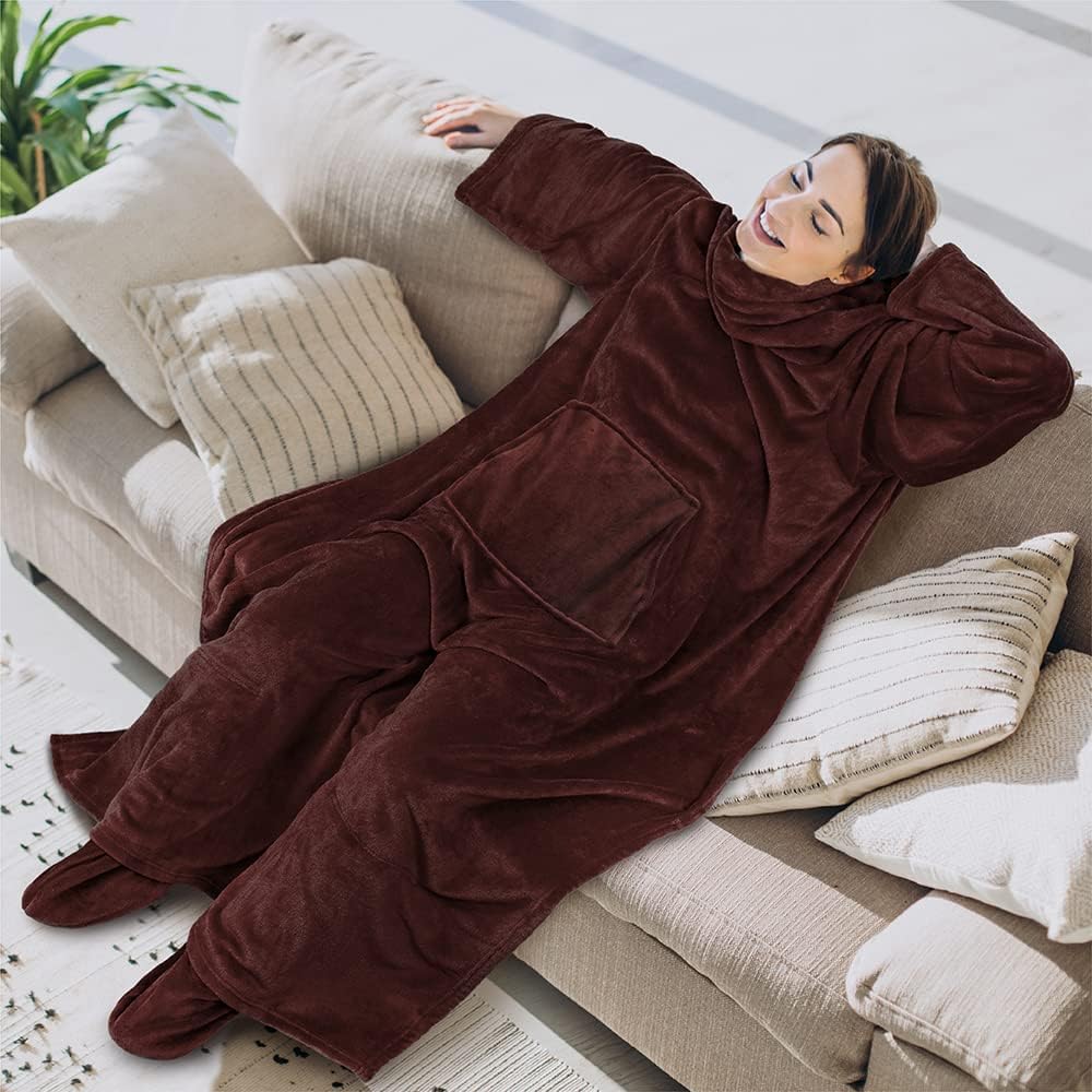 PAVILIA Fleece Blanket with Sleeves and Foot Pockets Women Men, Dark Purple