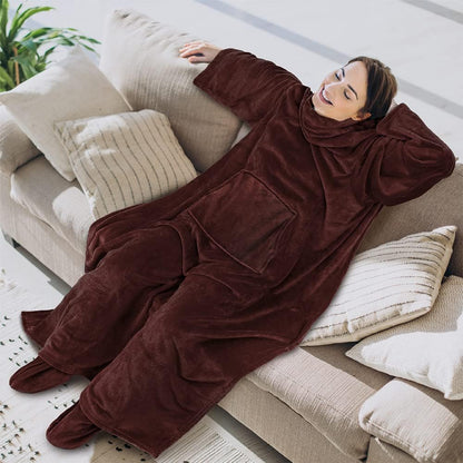 PAVILIA Fleece Blanket with Sleeves and Foot Pockets Women Men, Dark Purple