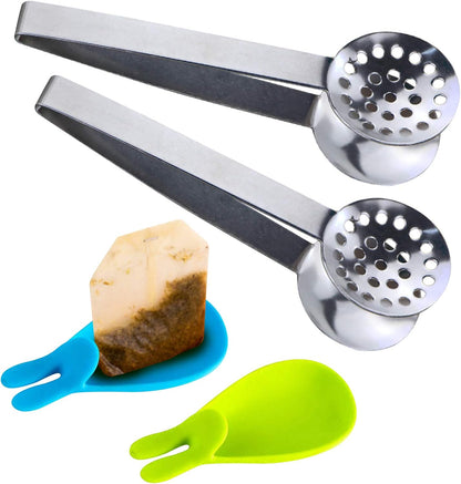 SNAIL GARDEN 2Pcs Stainless Steel Tea Bag Tongs, Round Tea Bag Squeezer with 2Pcs Bunny Silicone Tea Bag Holders & Rests- 6inch Tea Bag Strainer Clips Herb or Sugar Ice Cube for Kitchen Bar Tools