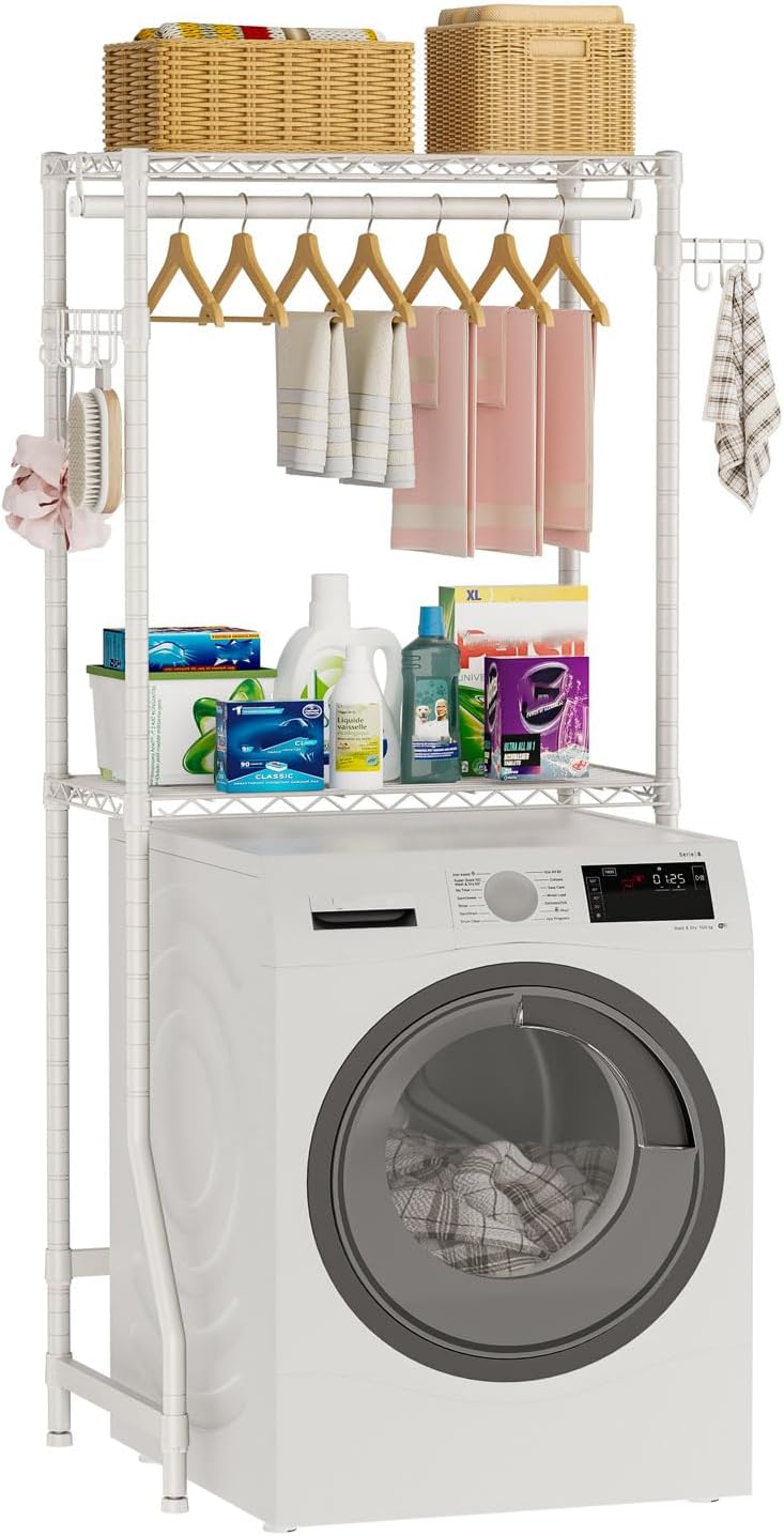 Golpart Laundry Organizer Shelves Over the Washer and Dryer Storage Shelf | Heavy Duty Laundry Room Organization Clothes Drying Rack Adjustable Height Wire Shelving and Wire Basket with Hanger Rod
