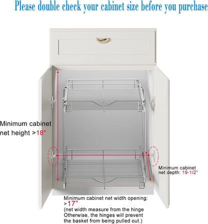 DINDON 2 Tier Pull Out Cabinet Organizer (20" W X 21" D), Double Tier Wire Basket Slide Out Shelf Storage for Kitchen Base Cabinet Organization for Kitchen, Pantry, Bathroom, Chrome