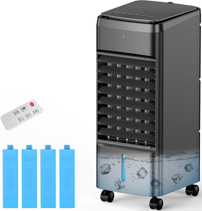 Portable Air Conditioners 4 Modes&3 Speeds,4 Ice Packs, Waterless Alert System, 12H Timer, Remote,1 Gal Detachable Water Tank, 70°Oscillation Windowless Evaporative Air Cooler for Room Office