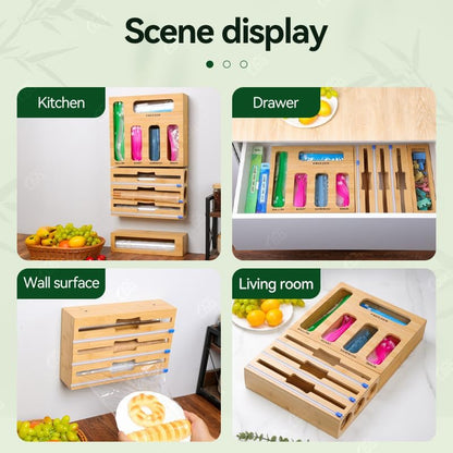 LDQ 9-in-1 Shatterproof Square Bamboo Storage Box - Aluminum Foil Dispensr with Cutter, Reusable Quarter Multi-Functional Sealed Bag Organizer for Kitchen Drawers, Walls, and Cabinetse
