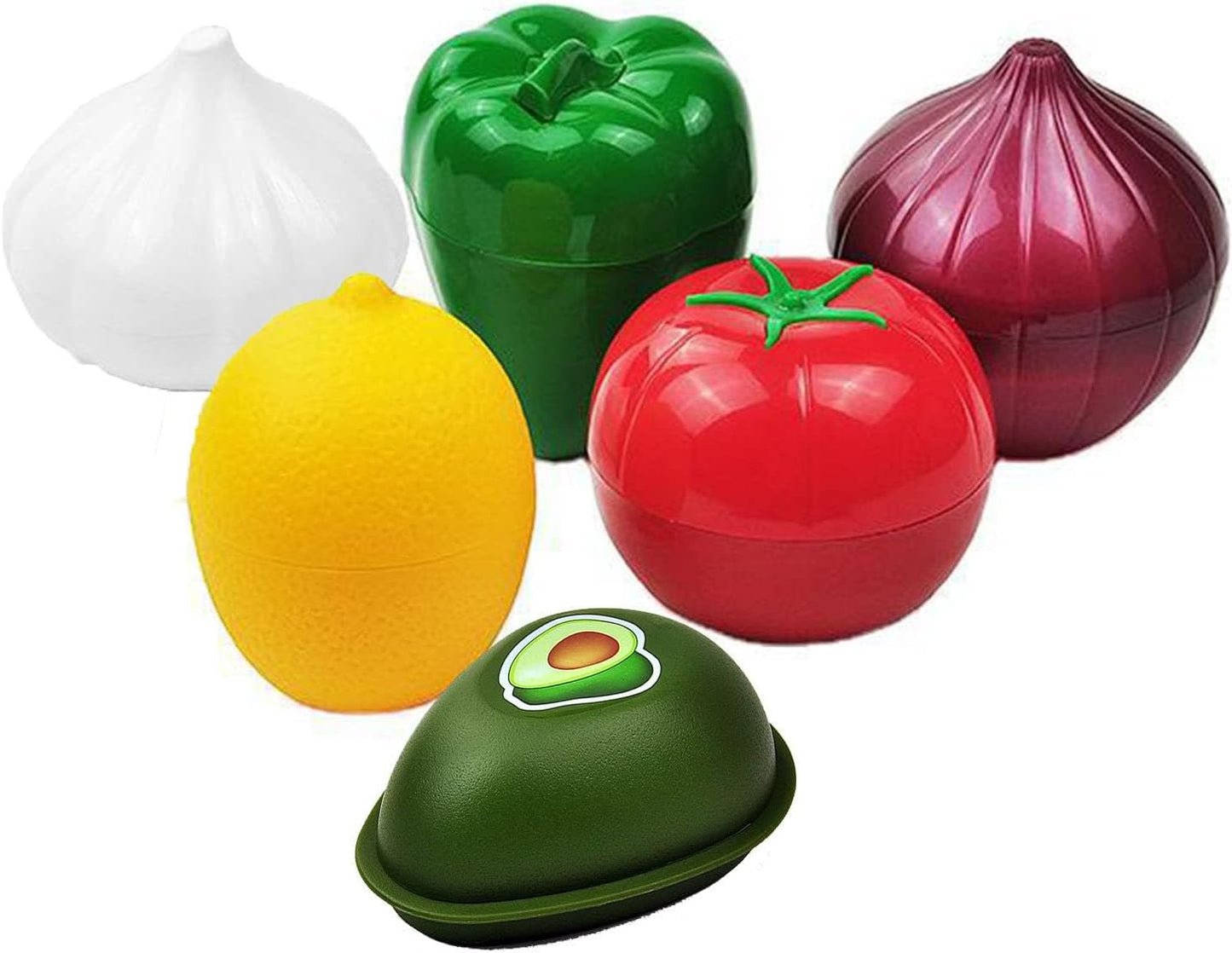 6PCS Fresh Food Savers Vegetable Fruit Shape Containers Set,Reuseable Avocado Lemon Tomatoes Pepper Onion Garlic Storage Keeper Sealing Box Fresh Bowls for Refrigerators