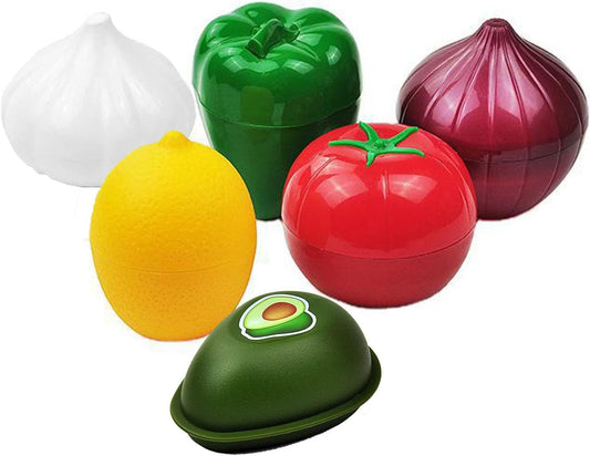 6PCS Fresh Food Savers Vegetable Fruit Shape Containers Set,Reuseable Avocado Lemon Tomatoes Pepper Onion Garlic Storage Keeper Sealing Box Fresh Bowls for Refrigerators