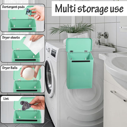 Picowe Magnetic Laundry Storage, Large Metal Lint Holder Bin with Lid for Laundry Room, Space-Saving Trash Container Hanging on Dryer, Washer or Wall Mount Trash Bin (White)