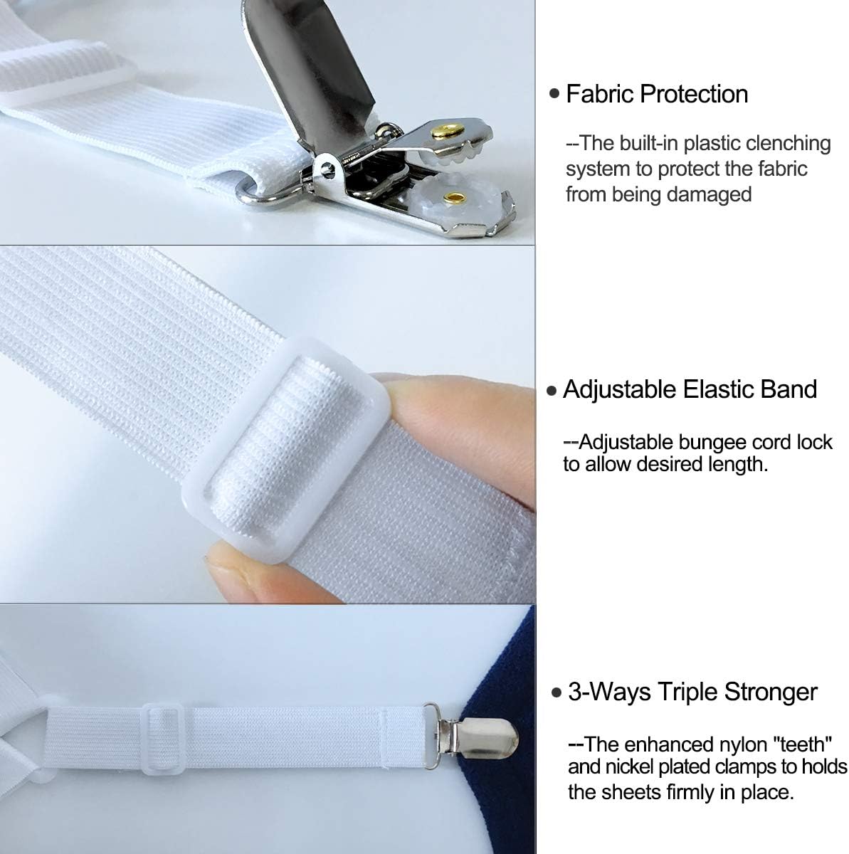 Bed Sheet Holders Straps Fasteners - 4 Pcs 3 Ways Sheet Fasteners Fitted Sheet Corner Grippers Holder Elastic Adjustable Sheet Clip Hooks Suspenders Straps(Black Triangle)