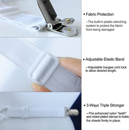 Bed Sheet Holders Straps Fasteners - 4 Pcs 3 Ways Sheet Fasteners Fitted Sheet Corner Grippers Holder Elastic Adjustable Sheet Clip Hooks Suspenders Straps(Black Triangle)