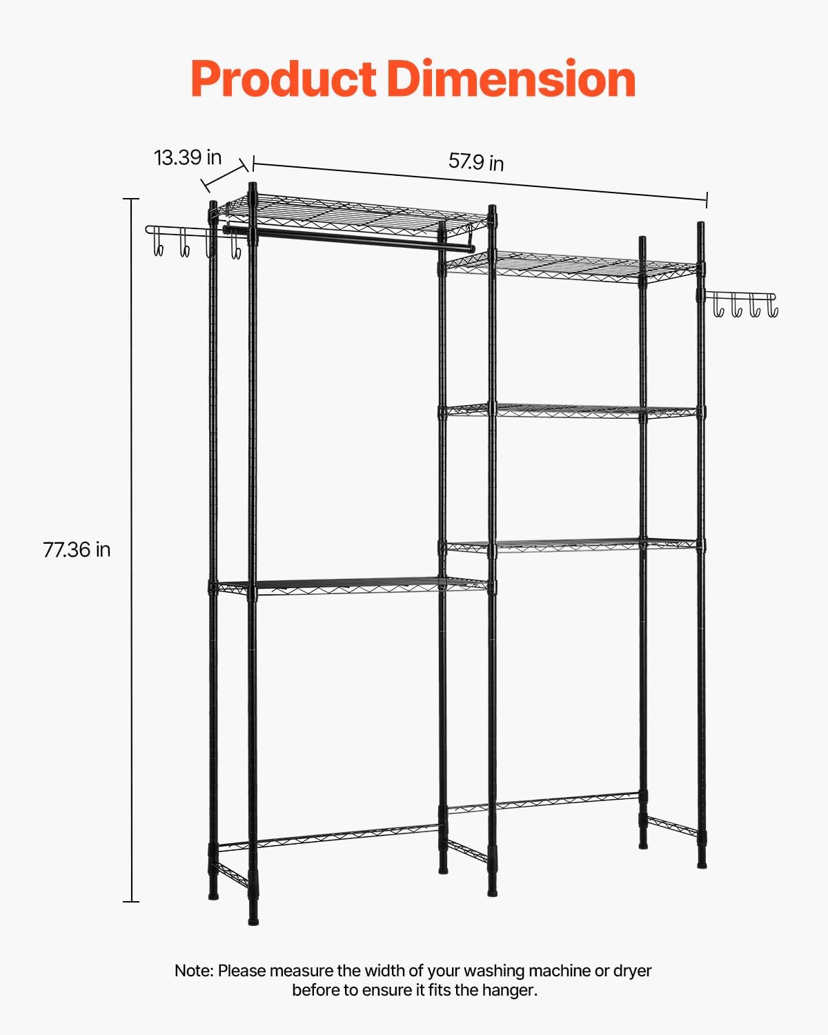 VEVOR Over the Washer and Dryer Storage Shelf, 5 Tier Laundry Room Drying Rack with Hanger Rod and Hooks, Adjustable Over Washer and Dryer Shelves, Laundry Room Shelf Storage Space Saver, White