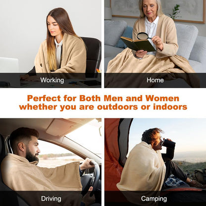 Heated Blanket Battery Operated with Fleece Lining 7.4V 16000mAh Battery 62" x 35" Heated Shawl Wraps for Women Men Cordless USB Outdoor Portable Electric Blanket 6 Heating Zones Khaki