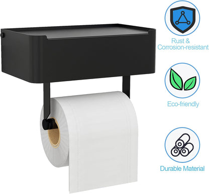 JUYSON Toilet Paper Holder with Shelf, Flushable Wipes Dispenser Fits for Bathroom Wipe Storage, Keep Your Wipes Hidden Out of Sight - SUS304 Stainless Steel Wall Mount Organizer (Matte Black)