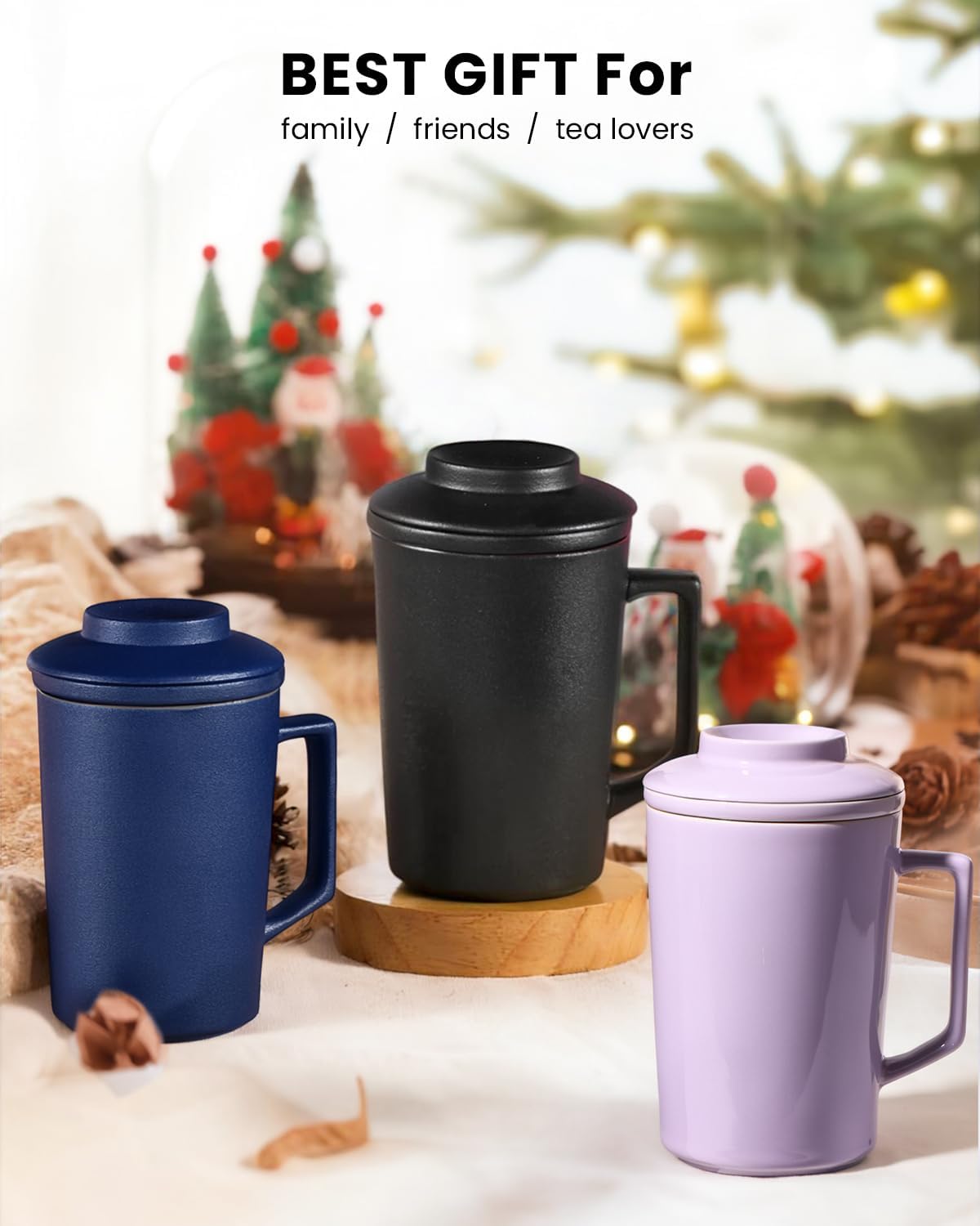 15 oz Ceramic Tea Infuser Cup with Lid - Tea Mug with All Porcelain Strainer for Loose Leaf Teas,Microwave and Dishwasher Safe,Metal-Free,BPA-Free for Tea Lovers/Birthday (Black)