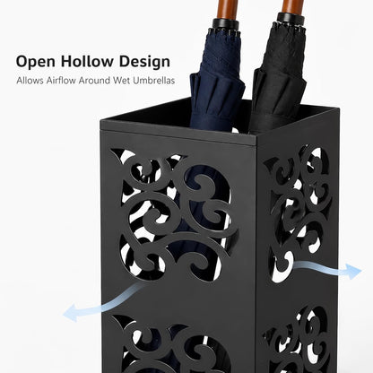 Kingrol Metal Umbrella Holder for Entryway, Square Black Umbrella Stand with Hollow Design, Freestanding Umbrella Rack for Umbrellas, Canes and Walking Sticks, 6 x 6 x 15.75 Inch