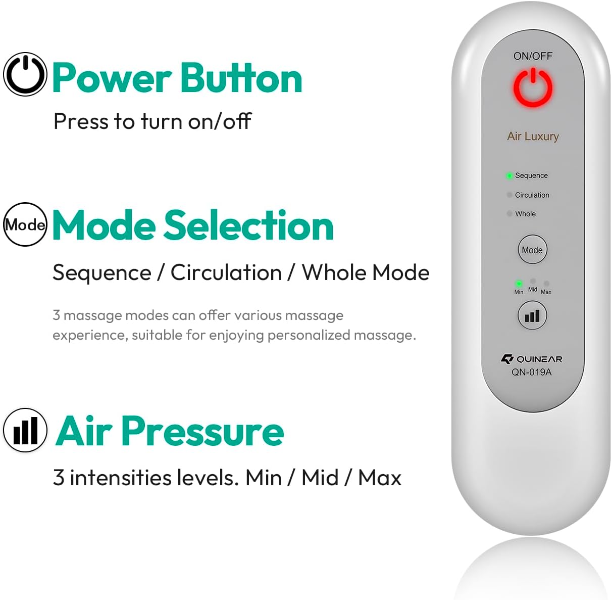 QUINEAR Full Leg Massager, Foot, Calf & Thigh Massage Machine- 3 Intensities 3 Modes Air Compression Therapy Device Help for Elderly Pain Relief, Swelling, RLS, Edema, 2 Extensions for Bigger Calf