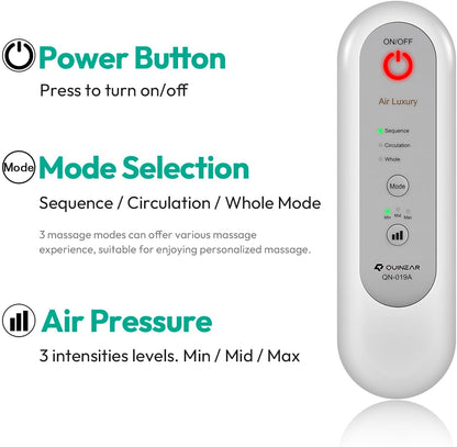 QUINEAR Full Leg Massager, Foot, Calf & Thigh Massage Machine- 3 Intensities 3 Modes Air Compression Therapy Device Help for Elderly Pain Relief, Swelling, RLS, Edema, 2 Extensions for Bigger Calf