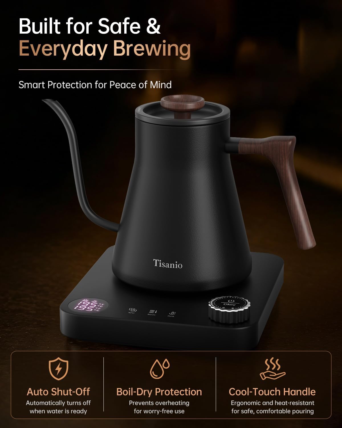 Gooseneck Electric Kettle with Temperature Control, 0.9L, Black | ±1°F Precision Pour Over Kettle, LCD Dual Display, Smart Two-Stage Heating, 2H Keep Warm, 304 Stainless Steel Interior