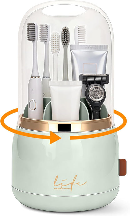 360 Rotating Toothbrush Holders for Bathrooms, 7-Slot Toothbrush Holder with Cover & Drainage, Bathroom Countertop Organizer for Electric Toothbrushes, Toothpaste & Makeup Brushes