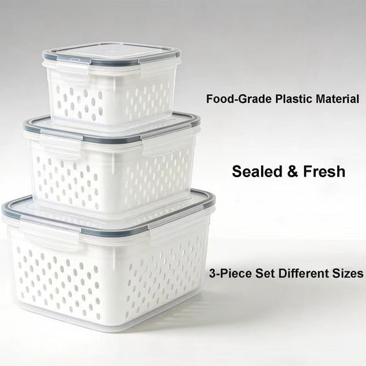 2-in-1 Stackable Food Storage Containers with Lids Airtight, 3 Size Fruit Vegetable Fresh-Keeping Saver with Drain Basket, BPA-Free Fridge Organizer for Berry, Salad, Meat & Produce
