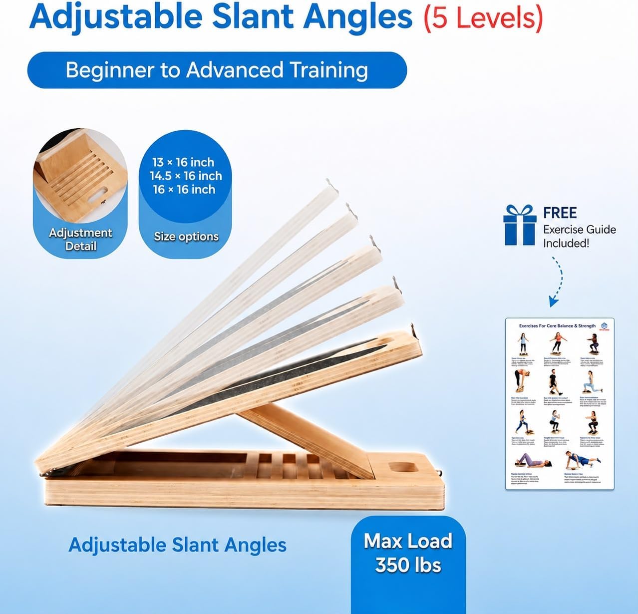 Slant Board for Exercise, 3-in-1 Wooden Calf Stretcher, Rocker Balance Board and 360° Wobble Board, 5 Adjustable Angles, Anti-Slip Surface, Training Poster Included