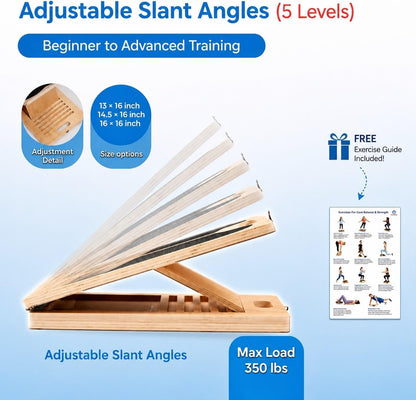 Slant Board for Exercise, 3-in-1 Wooden Calf Stretcher, Rocker Balance Board and 360° Wobble Board, 5 Adjustable Angles, Anti-Slip Surface, Training Poster Included
