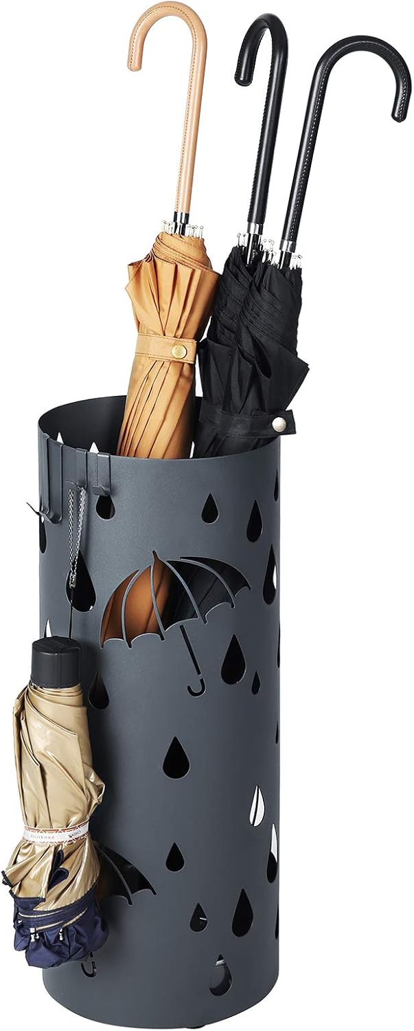 SONGMICS Umbrella Stand, Metal Umbrella Holder for Entryway, with Water Tray and 4 Hooks, 7.7 x 7.7 x 19.3 Inches, Round, Anthracite Gray ULUC23AG | Umbrella Holder, with Detachable Drip Tray, Assembly Required, for Entryway, Anthracite Gray, PATSY