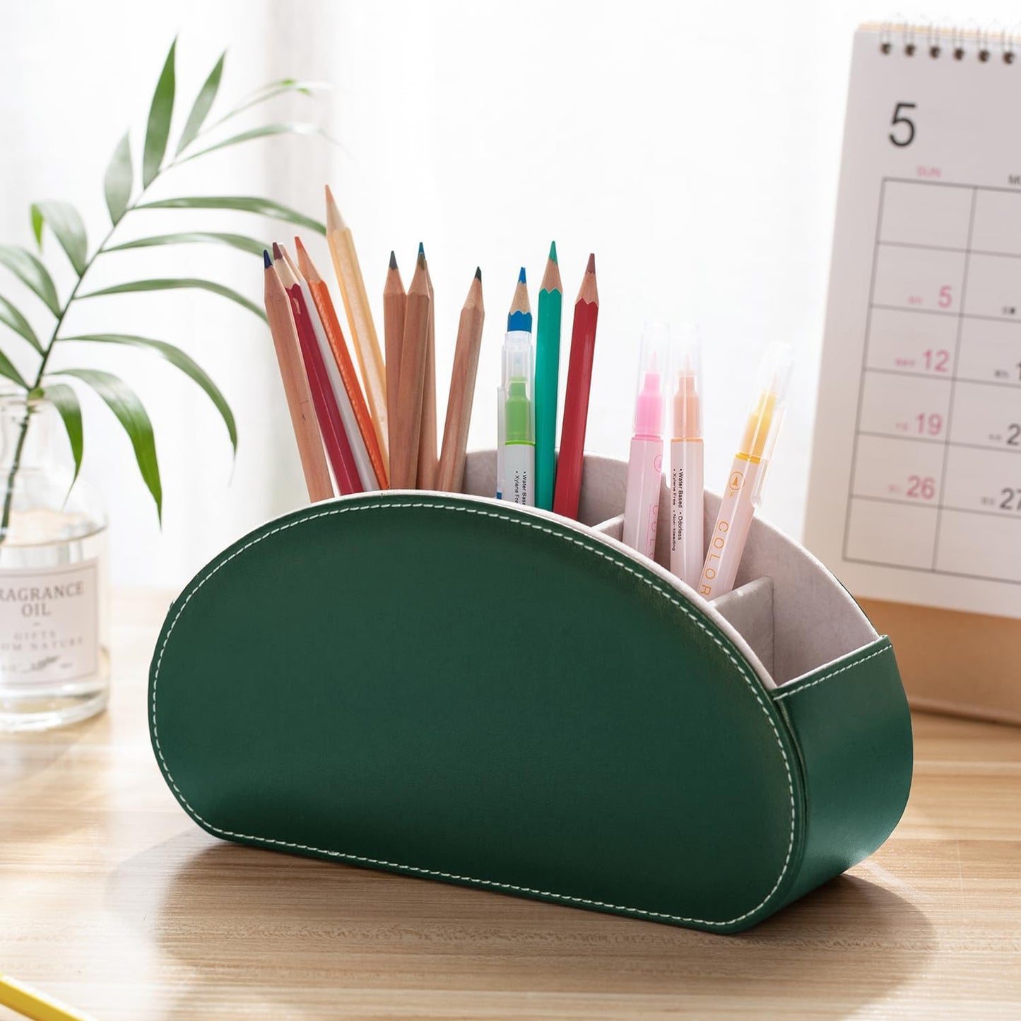 Remote Control Holders Organizer Box with 5 Compartment PU Leather Caddy | Multi-functional Office Desk Storage Caddy Store Tv Remote for Media Player,Brush,Pencil,Glassees&Office Supplies
