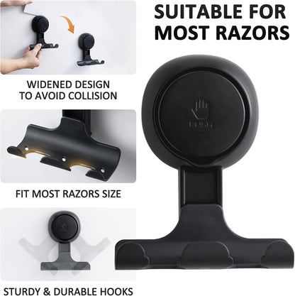Razor Holder for Shower 2 Pack, Powerful Vacuum Suction Cup Hook for Towel, Loofah, Razor, Squeegee, Damage-Free Wall Shower Hook, Shaver Holder for Bathroom, Easy to Install and Reuse, Black