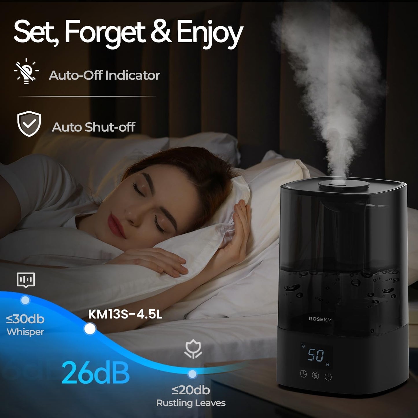 ROSEKM Automatic Humidifiers for Bedroom Large Room, 4.5L Cool Mist Humidifier for Home & Plant with Timer & Humidity Sensor, Last Up to 18H on High Setting, Auto Shut-Off, 360° Nozzle (Black)