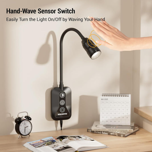 Wall Mounted Reading Light for Bed, Headboard Light with 360° Flexible Arm, Hand Wave Sensor, Focused 60° Beam, 5 Color Temperatures, Stepless Dimming, Memory Function, USB-C Output, Black