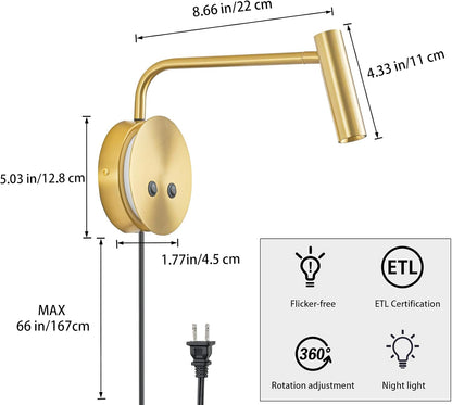 Matte Black Wall Mounted Reading Light, 3000K Flexible Headboard Reading Sconces with On Off Switch Control, Plug in/Hardwired Wall Light Fixtures with Night Light for Bedside Bedroom Bunk