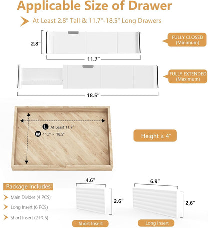 KABUM Upgrade Adjustable Drawer Divider Organizer(2.8 * 11.7-18.5") | Expandable Organization for Home, Office,2.8" High Expandable from 11.7" to 18.5",4 Dividers with 6 Long and 2 Short Inserts