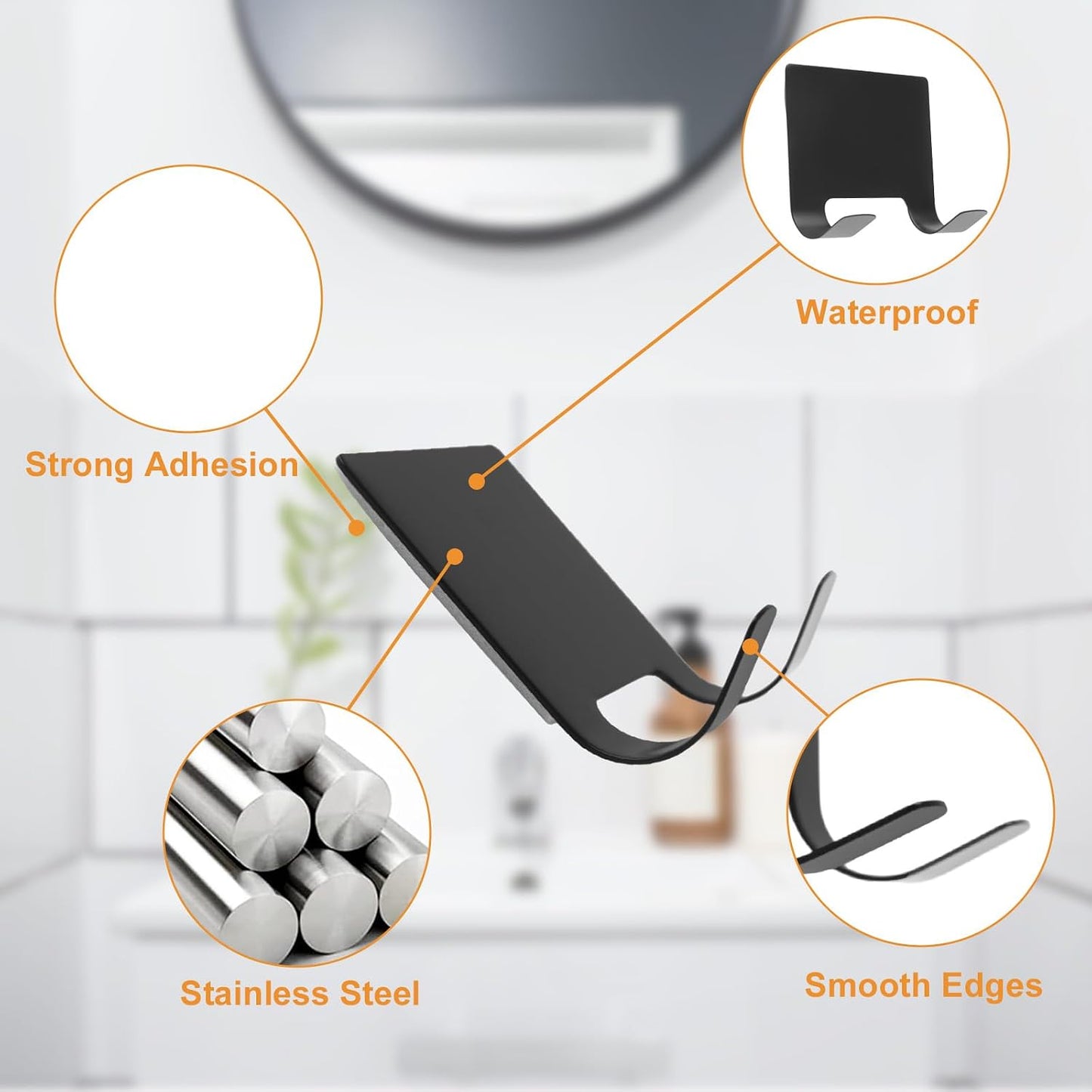 MOROBOR 4 Pcs Shower Squeegee Adhesive Hook, All-Purpose Scraper Holders Towel Hooks Stainless Steel Waterproof Storage Hook Bath Accessories for Kitchen & Bathroom（Black）