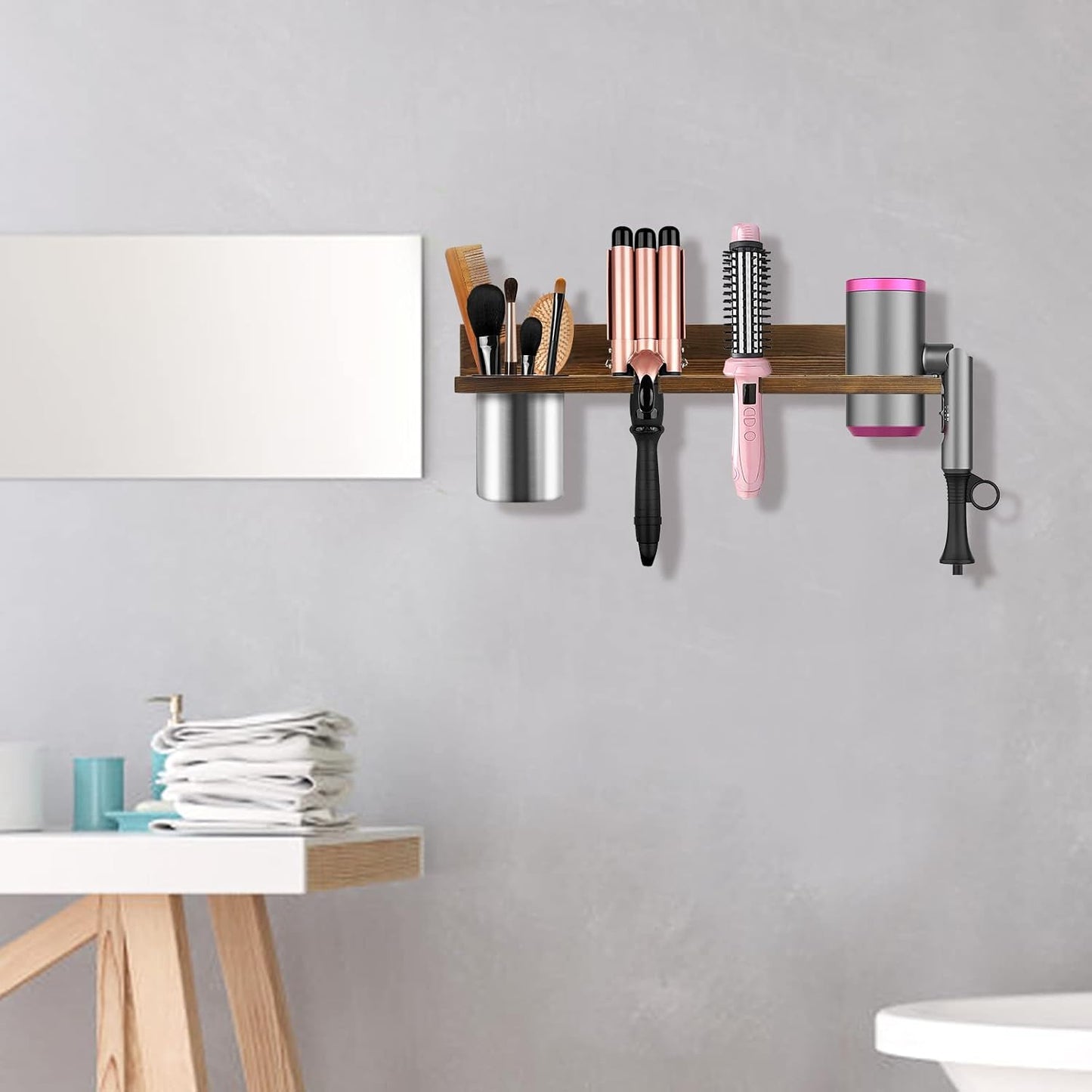 Hair Tool Organizer Wall Mounted - Wooden Dryer Holder, Blow Dryer Holder for Bathroom, Rustic Styling Tools Organizer for Flat Iron, Curling Wand, Hair Straighteners, Brushes, Black