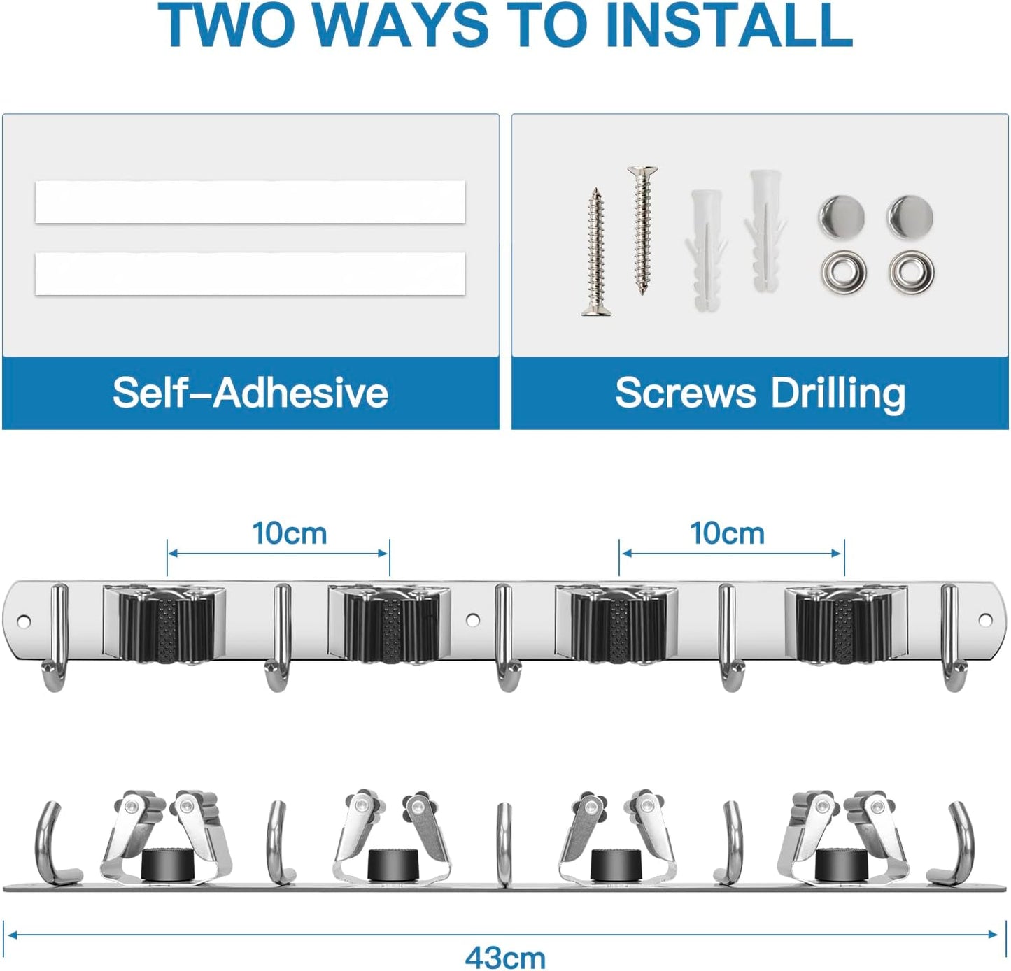 IMILLET 2 Pack Broom Holder Wall Mount Stainless Steel Mop Organizer | 5 Racks 4 Hooks Heavy Duty Garage Organization Storage,Broom and Mop Organizer Wall Hanging Self Adhesive for Laundry Room