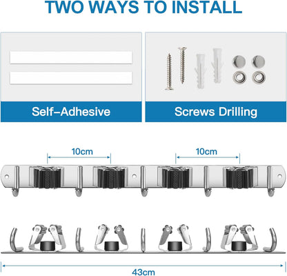 IMILLET 2 Pack Broom Holder Wall Mount Stainless Steel Mop Organizer | 5 Racks 4 Hooks Heavy Duty Garage Organization Storage,Broom and Mop Organizer Wall Hanging Self Adhesive for Laundry Room