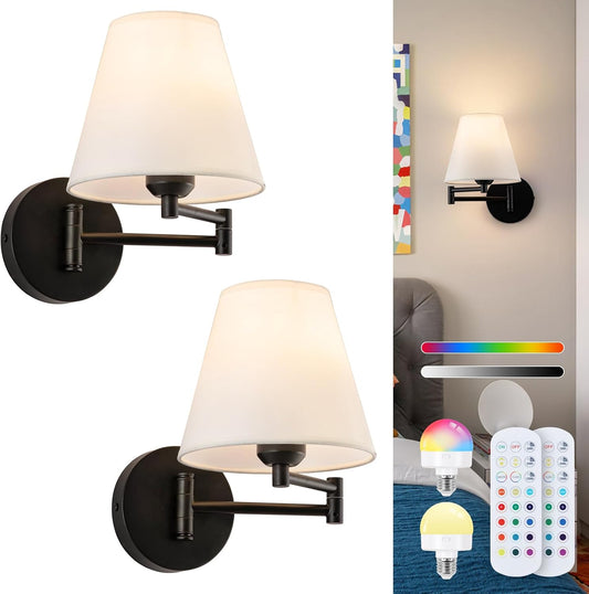 Cordless Battery Operated Wall Sconces Set of 2, Black Swing Arm Wall Sconce, Rechargeable Wall Mounted Reading Light Bedside Wall Lamp, Wireless Wall Sconce Fixtures for Bedside, Hallway, Study