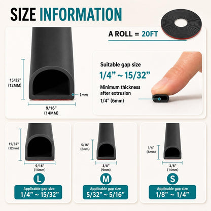 20FT Weather Stripping Door Seal, Self-Adhesive Silicone D-Shaped Seal Strip for Door Frame & Window Gaps, Soundproof Insulation Gap Filler