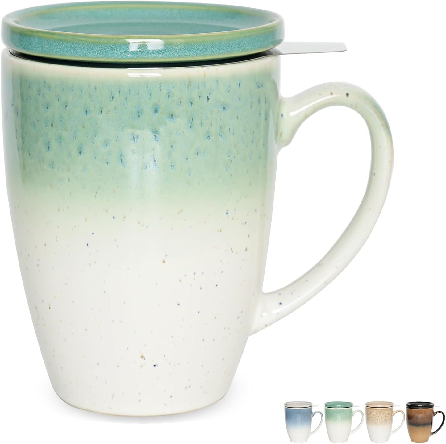 Bosmarlin Ceramic Tea Cup with Infuser and Lid, 13.5 Oz, Loose Leaf Tea Steeper Mug with Strainer, Microwave and Dishwasher Safe, Reactive Glaze (13.5 Oz, Pale Green)