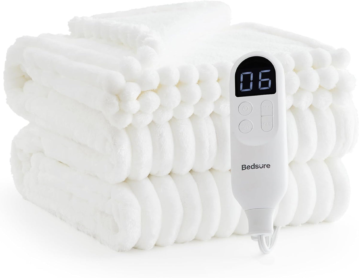 Bedsure Heated Blanket Electric Throw - Thick Striped Fast Heating Electric Blanket with Preheat Function, 6 Heat & 6 Timer (Up to 10H), 8H Auto Off, ETL Certified, Gifts for Women (50"x60", White)