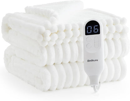 Bedsure Heated Blanket Electric Throw - Thick Striped Fast Heating Electric Blanket with Preheat Function, 6 Heat & 6 Timer (Up to 10H), 8H Auto Off, ETL Certified, Gifts for Women (50"x60", White)