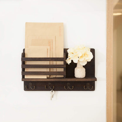 Dahey Key Mail Holder Wall Mounted Wooden Hanger with 4 Double Hooks, Brown | Rustic Farmhouse Decor, Wall Mail Organizer with Shelf, Solid Wood Rack, Easy Install, Versatile Storage for Entryway Mudroom