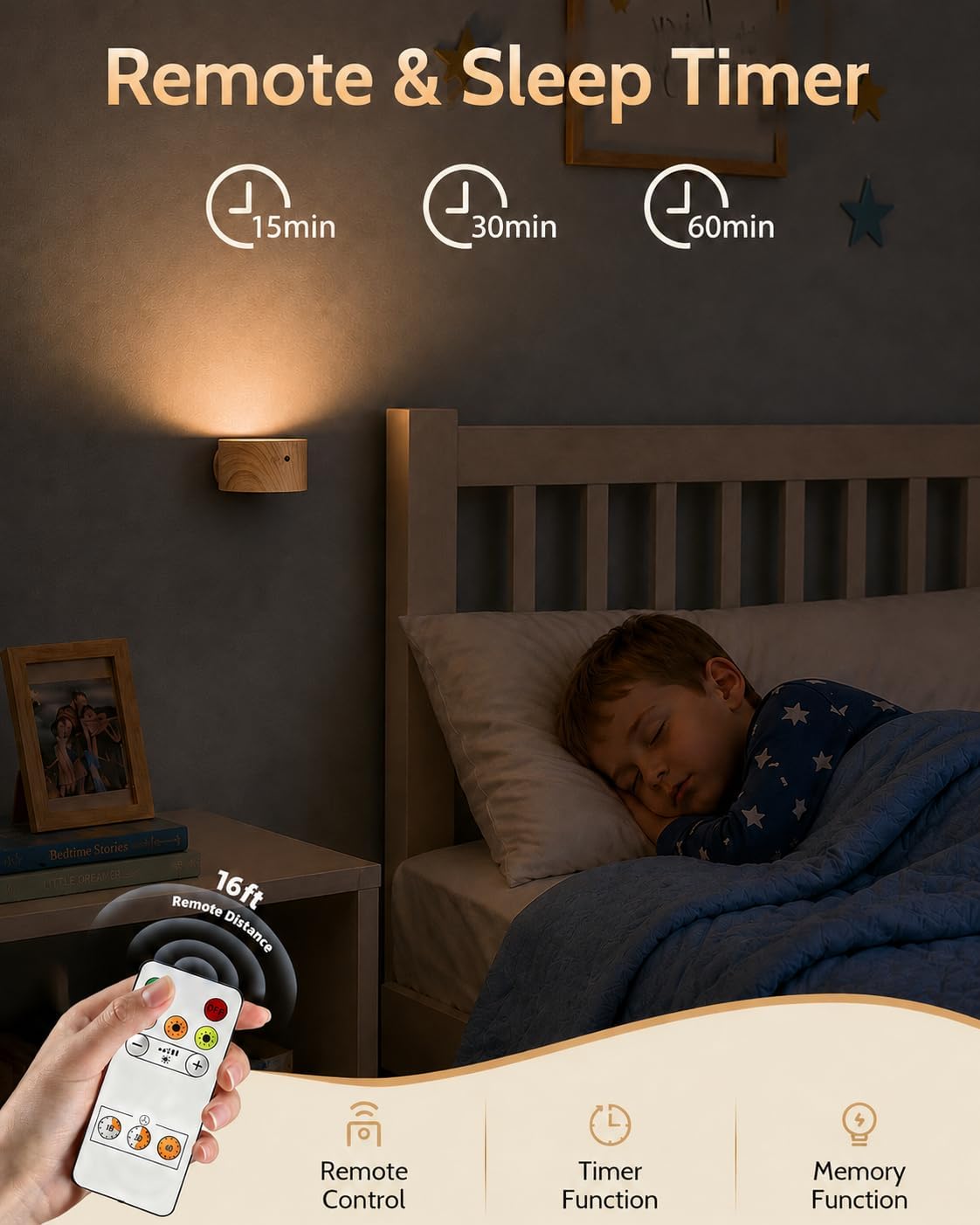 LED Wall Mounted Lights, Rechargeable Wall Sconces, 3 Color Temps, Remote & Touch, 360° Rotating and Dimmable for Bedroom, Bedside & Reading (Black, 2 Pack)